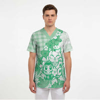 Green Palaka Hawaiian And Japanese Scrub Top Maneki Neko And Sakura Bloom