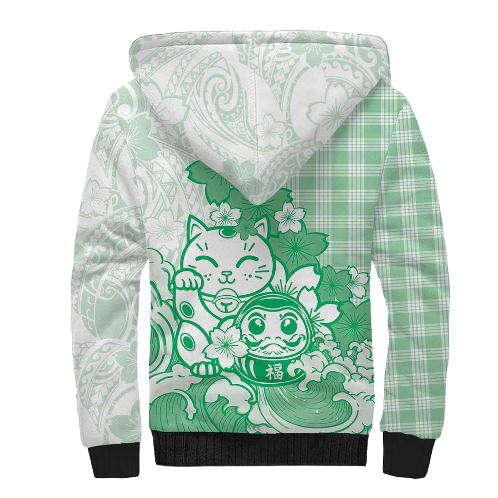 Green Palaka Hawaiian And Japanese Sherpa Hoodie Maneki Neko And Sakura Bloom