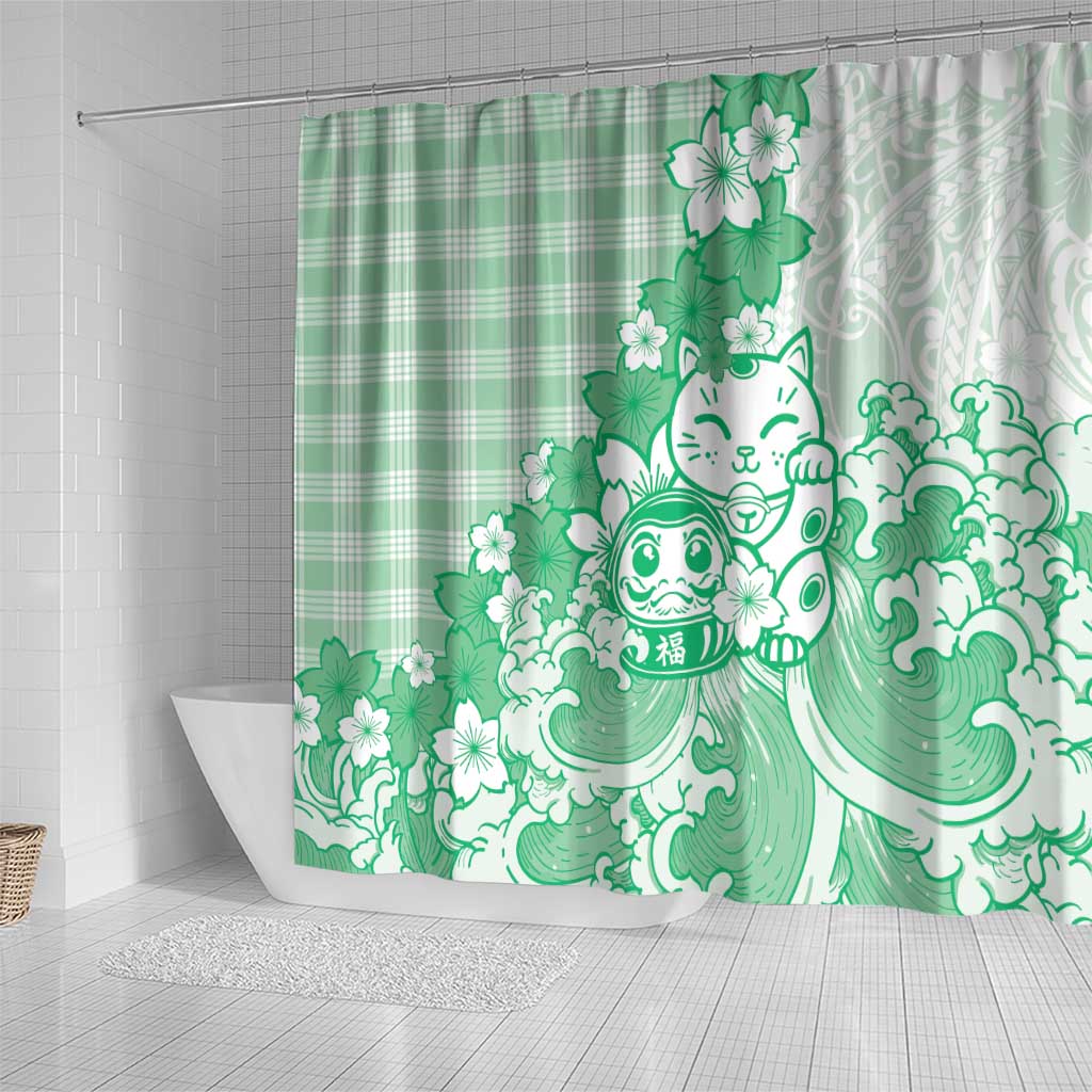 Green Palaka Hawaiian And Japanese Shower Curtain Maneki Neko And Sakura Bloom