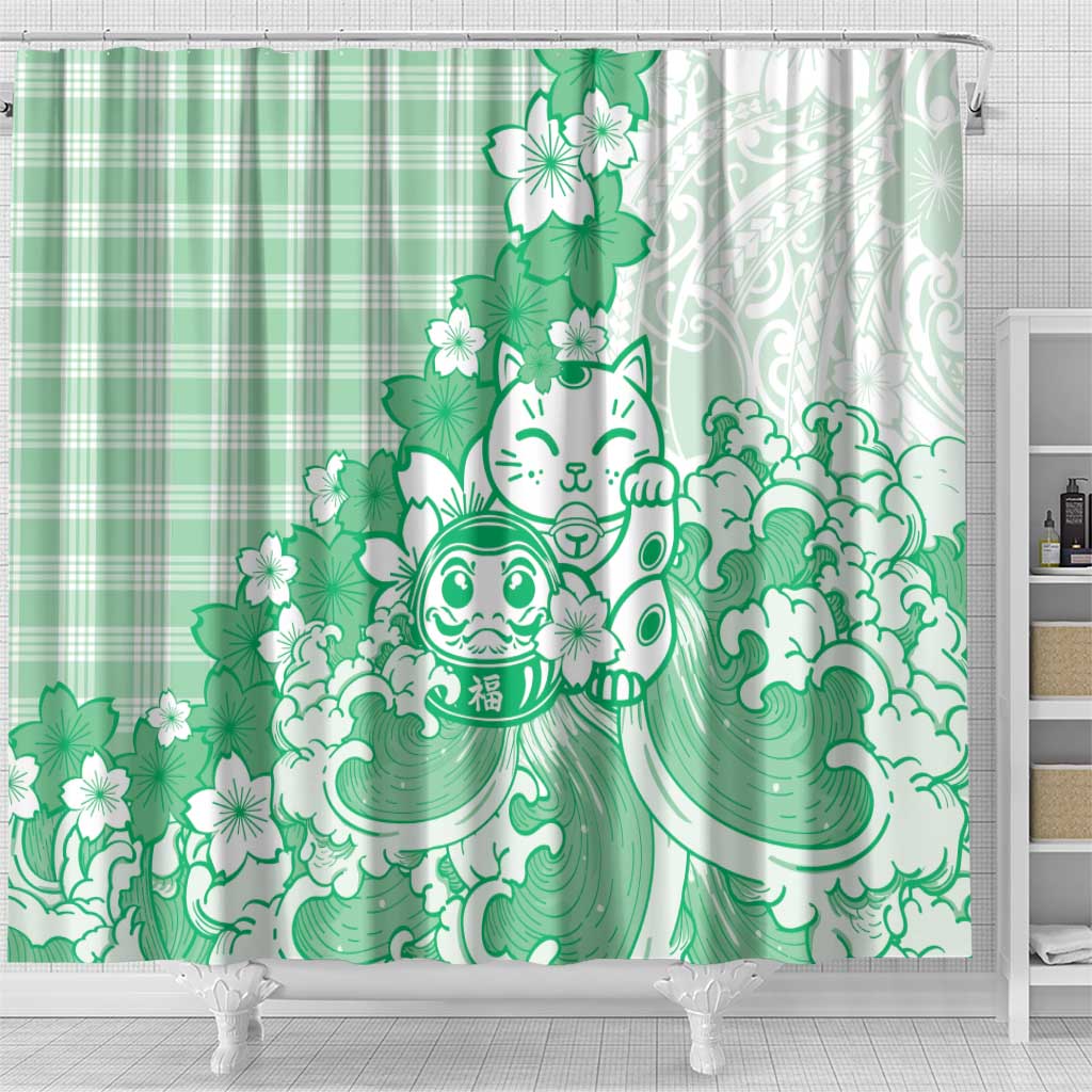 Green Palaka Hawaiian And Japanese Shower Curtain Maneki Neko And Sakura Bloom