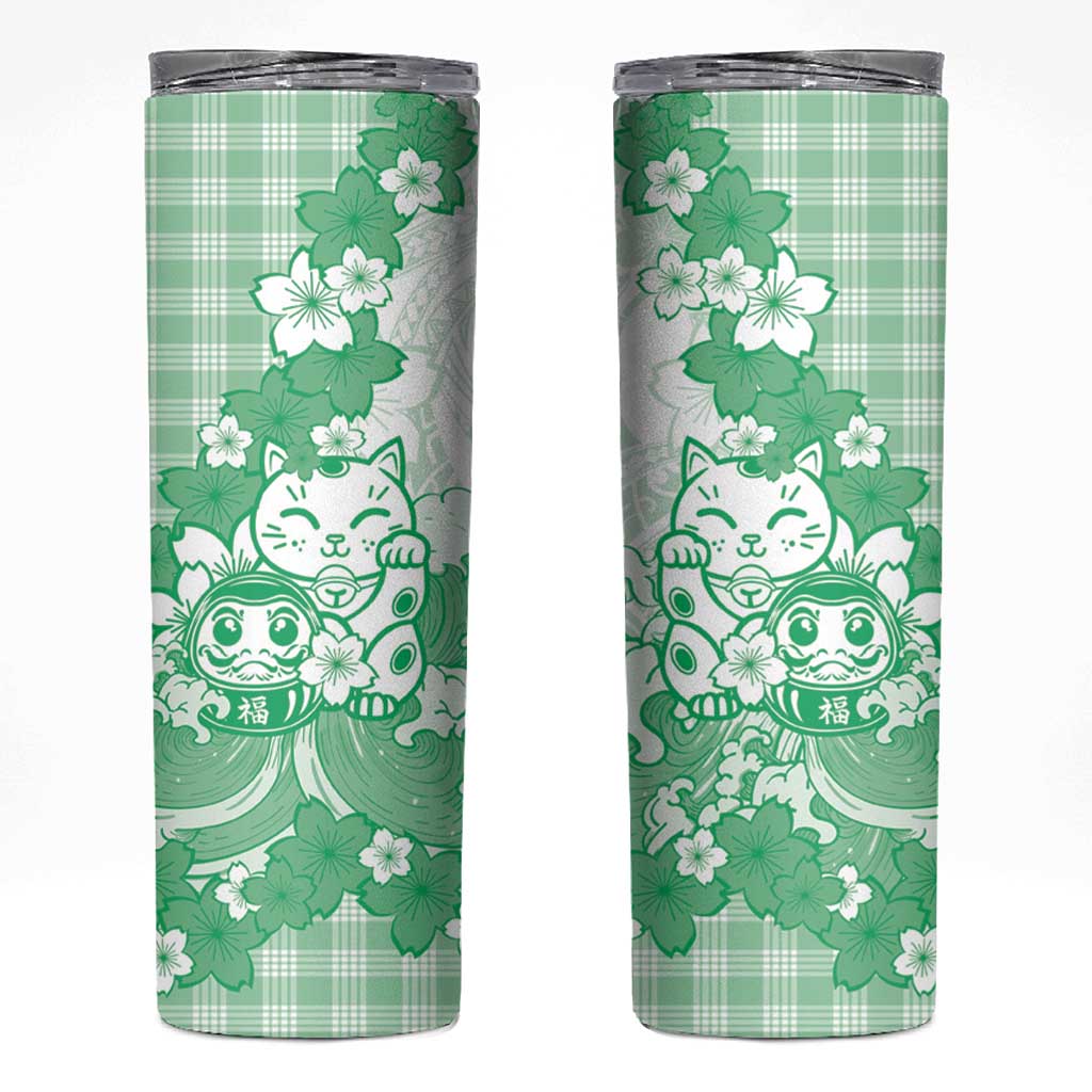 Green Palaka Hawaiian And Japanese Skinny Tumbler Maneki Neko And Sakura Bloom