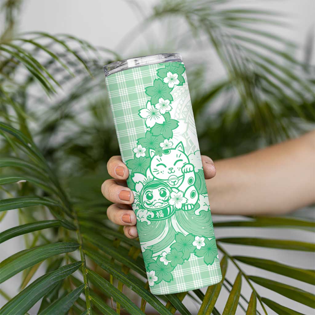 Green Palaka Hawaiian And Japanese Skinny Tumbler Maneki Neko And Sakura Bloom