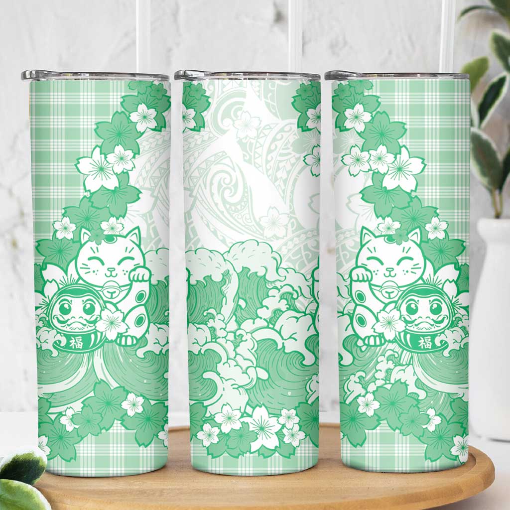 Green Palaka Hawaiian And Japanese Skinny Tumbler Maneki Neko And Sakura Bloom
