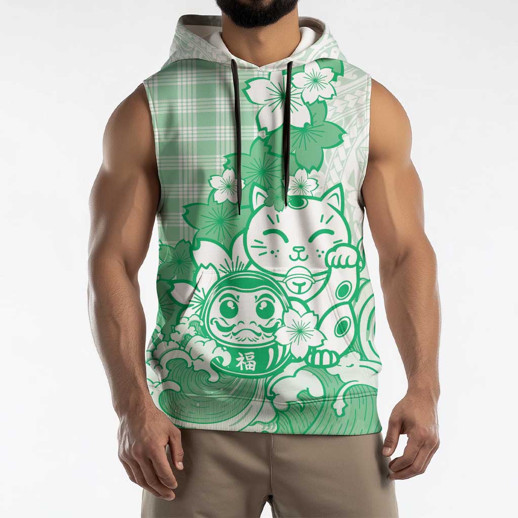 Green Palaka Hawaiian And Japanese Sleeveless Hoodie Maneki Neko And Sakura Bloom