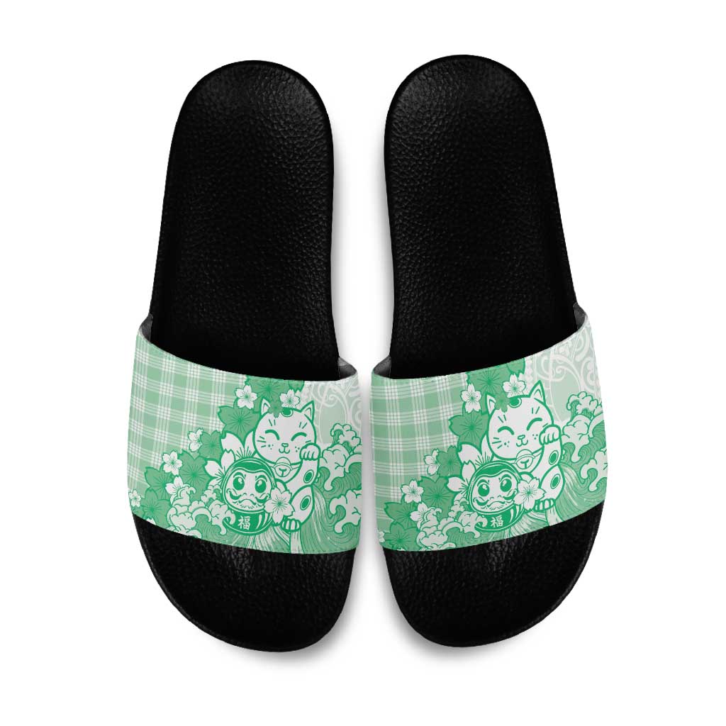 Green Palaka Hawaiian And Japanese Slide Sandals Maneki Neko And Sakura Bloom