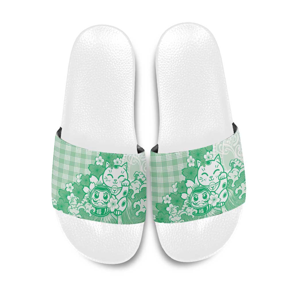 Green Palaka Hawaiian And Japanese Slide Sandals Maneki Neko And Sakura Bloom