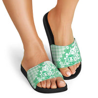 Green Palaka Hawaiian And Japanese Slide Sandals Maneki Neko And Sakura Bloom