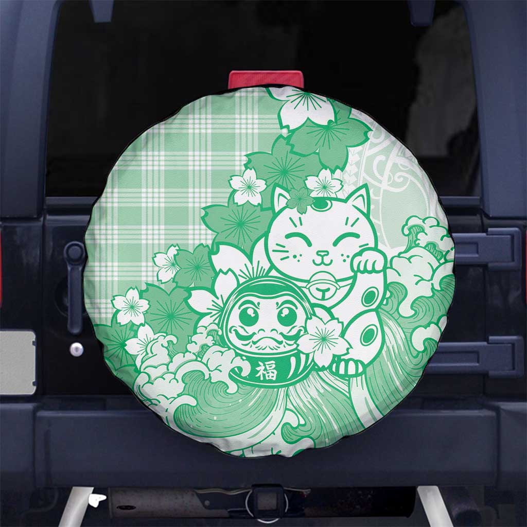 Green Palaka Hawaiian And Japanese Spare Tire Cover Maneki Neko And Sakura Bloom