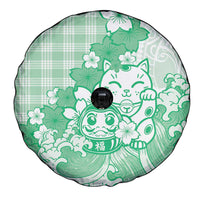 Green Palaka Hawaiian And Japanese Spare Tire Cover Maneki Neko And Sakura Bloom