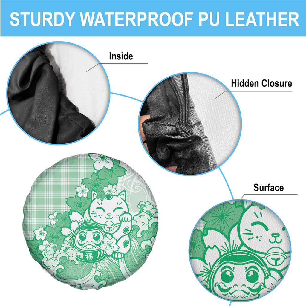 Green Palaka Hawaiian And Japanese Spare Tire Cover Maneki Neko And Sakura Bloom