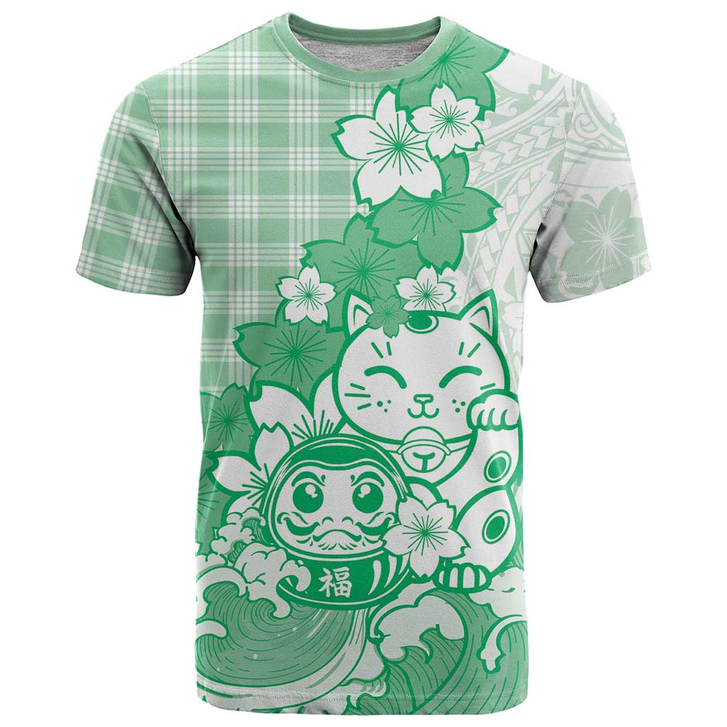 Green Palaka Hawaiian And Japanese T Shirt Maneki Neko And Sakura Bloom