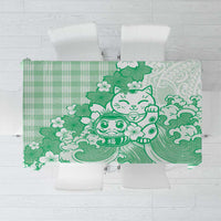 Green Palaka Hawaiian And Japanese Tablecloth Maneki Neko And Sakura Bloom