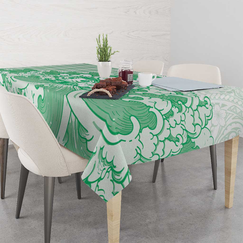 Green Palaka Hawaiian And Japanese Tablecloth Maneki Neko And Sakura Bloom