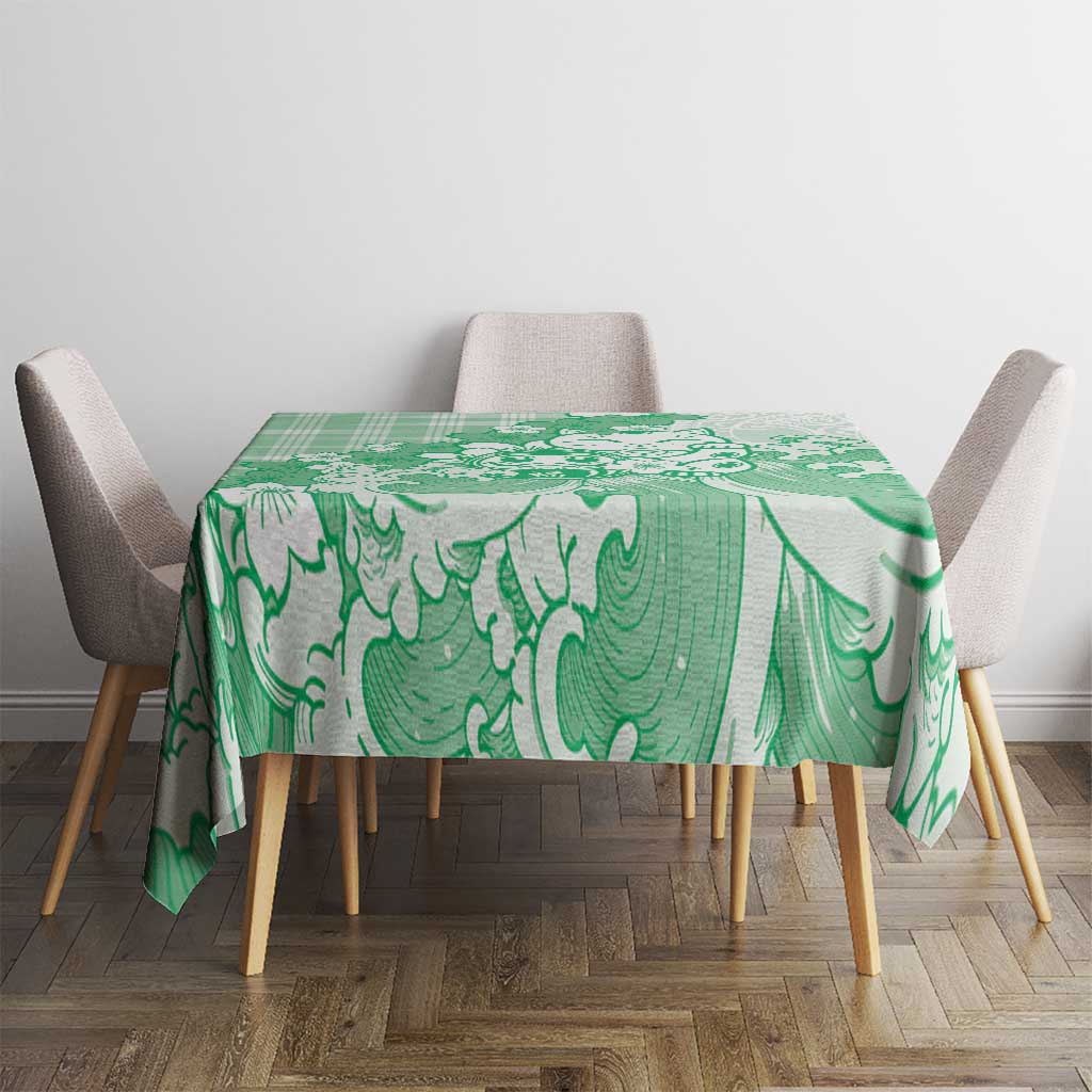 Green Palaka Hawaiian And Japanese Tablecloth Maneki Neko And Sakura Bloom