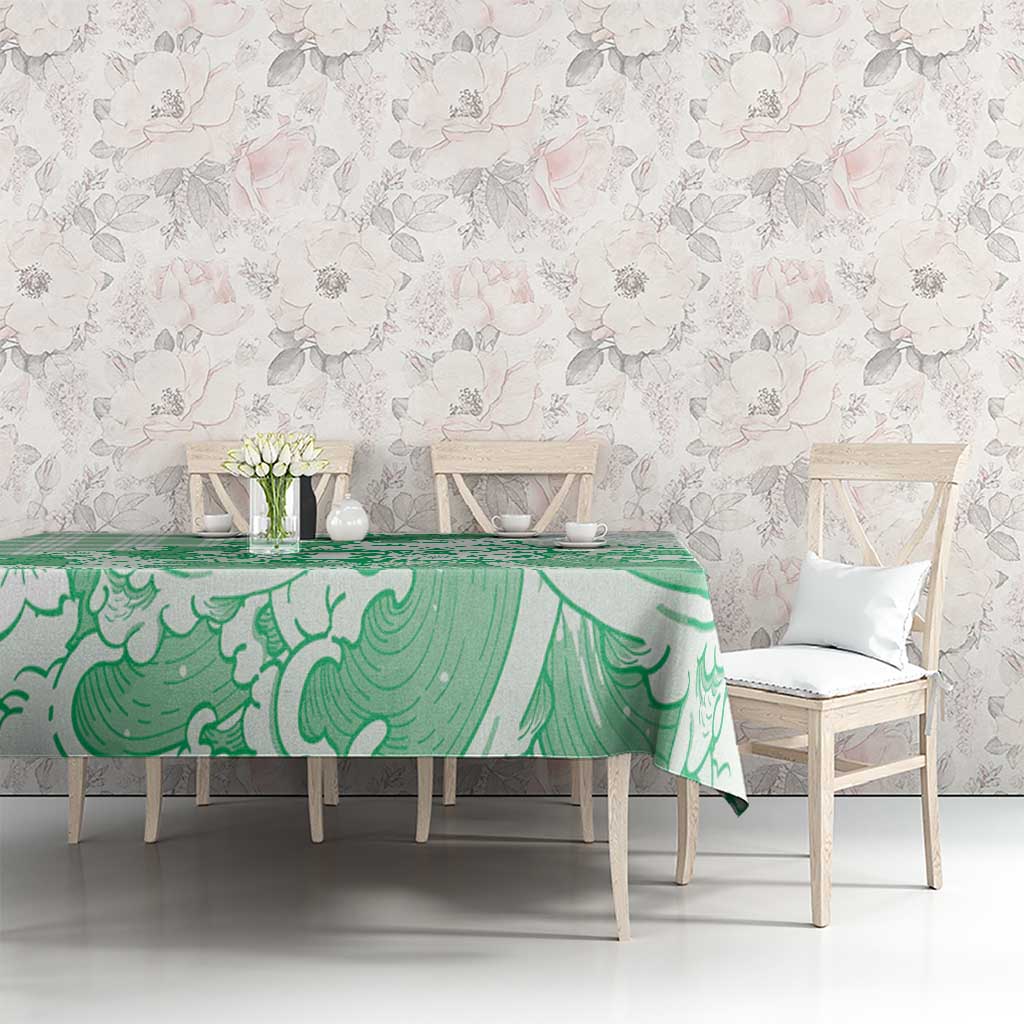 Green Palaka Hawaiian And Japanese Tablecloth Maneki Neko And Sakura Bloom