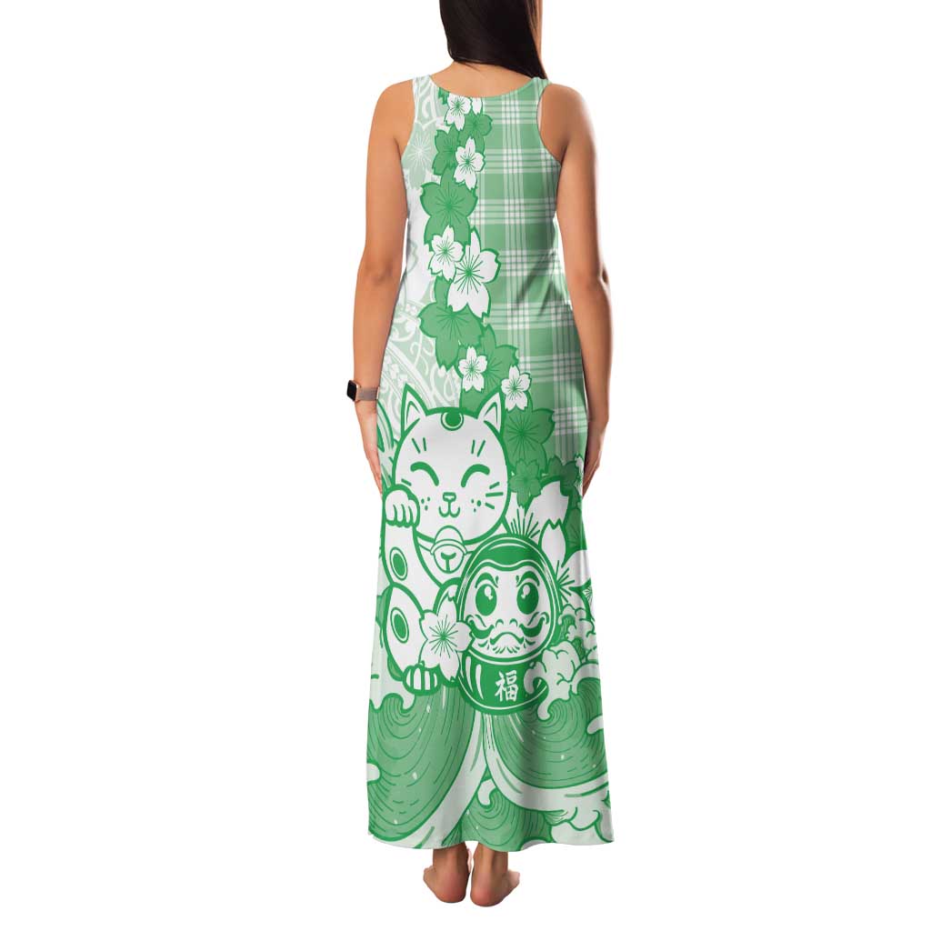 Green Palaka Hawaiian And Japanese Tank Maxi Dress Maneki Neko And Sakura Bloom