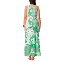 Green Palaka Hawaiian And Japanese Tank Maxi Dress Maneki Neko And Sakura Bloom