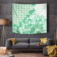 Green Palaka Hawaiian And Japanese Tapestry Maneki Neko And Sakura Bloom