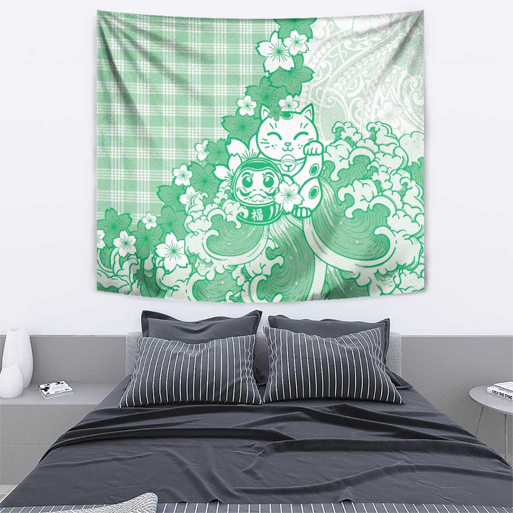 Green Palaka Hawaiian And Japanese Tapestry Maneki Neko And Sakura Bloom