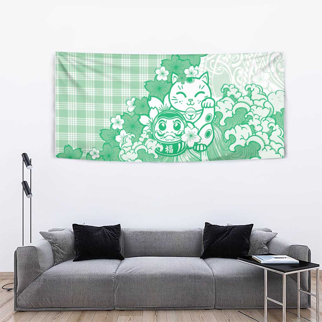 Green Palaka Hawaiian And Japanese Tapestry Maneki Neko And Sakura Bloom