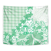 Green Palaka Hawaiian And Japanese Tapestry Maneki Neko And Sakura Bloom