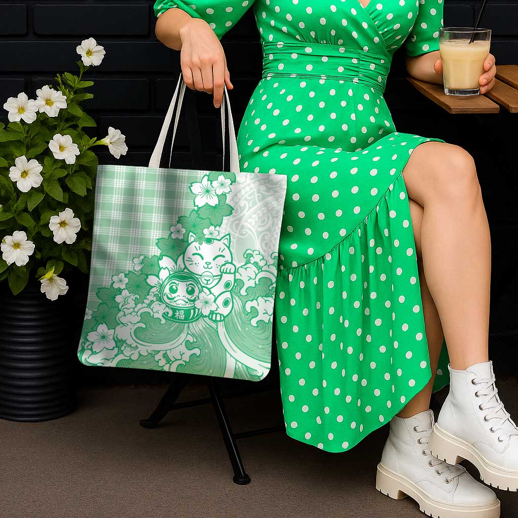Green Palaka Hawaiian And Japanese Tote Bag Maneki Neko And Sakura Bloom