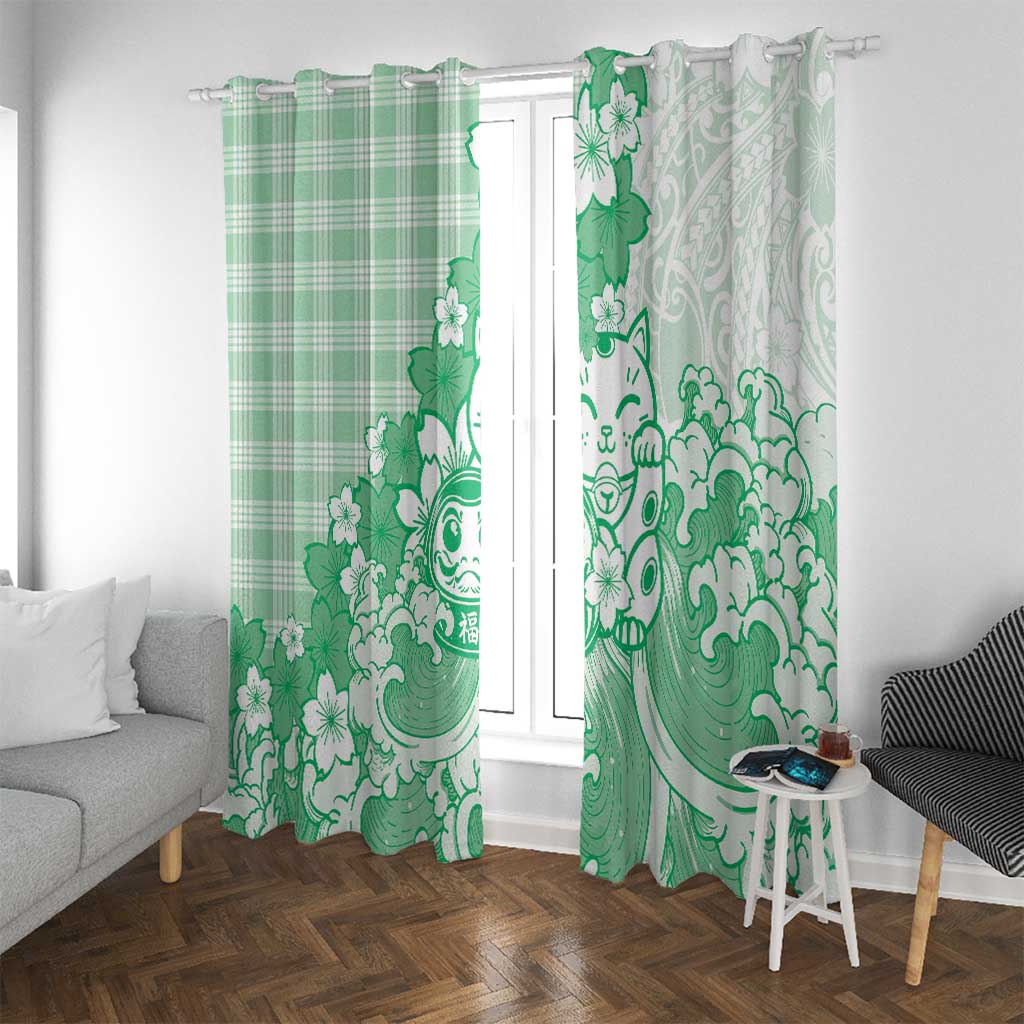 Green Palaka Hawaiian And Japanese Window Curtain Maneki Neko And Sakura Bloom