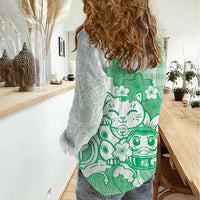 Green Palaka Hawaiian And Japanese Women Casual Shirt Maneki Neko And Sakura Bloom
