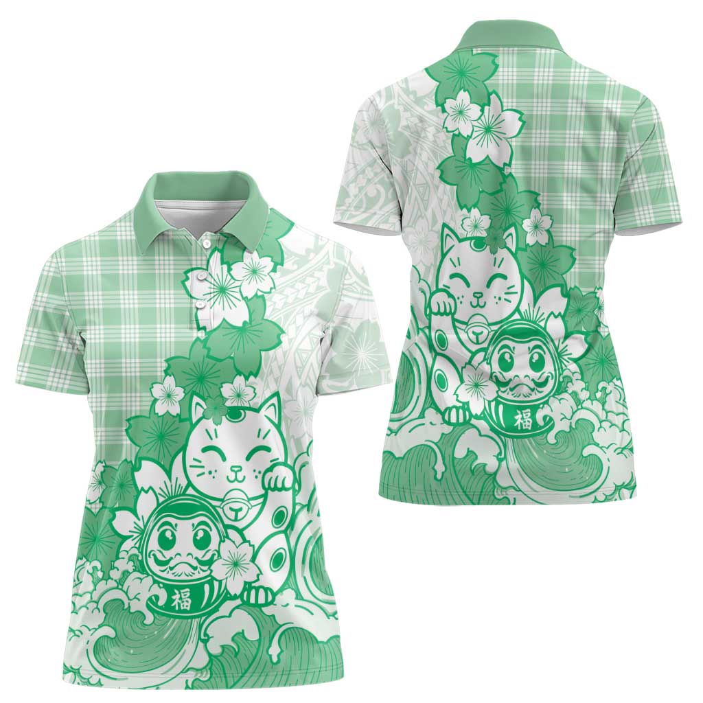 Green Palaka Hawaiian And Japanese Women Polo Shirt Maneki Neko And Sakura Bloom