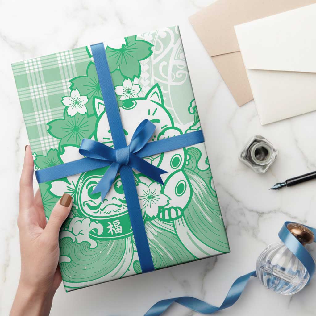 Green Palaka Hawaiian And Japanese Wrapping Paper Maneki Neko And Sakura Bloom