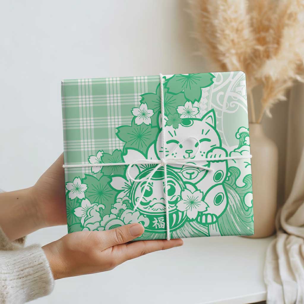 Green Palaka Hawaiian And Japanese Wrapping Paper Maneki Neko And Sakura Bloom