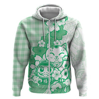 Green Palaka Hawaiian And Japanese Zip Hoodie Maneki Neko And Sakura Bloom