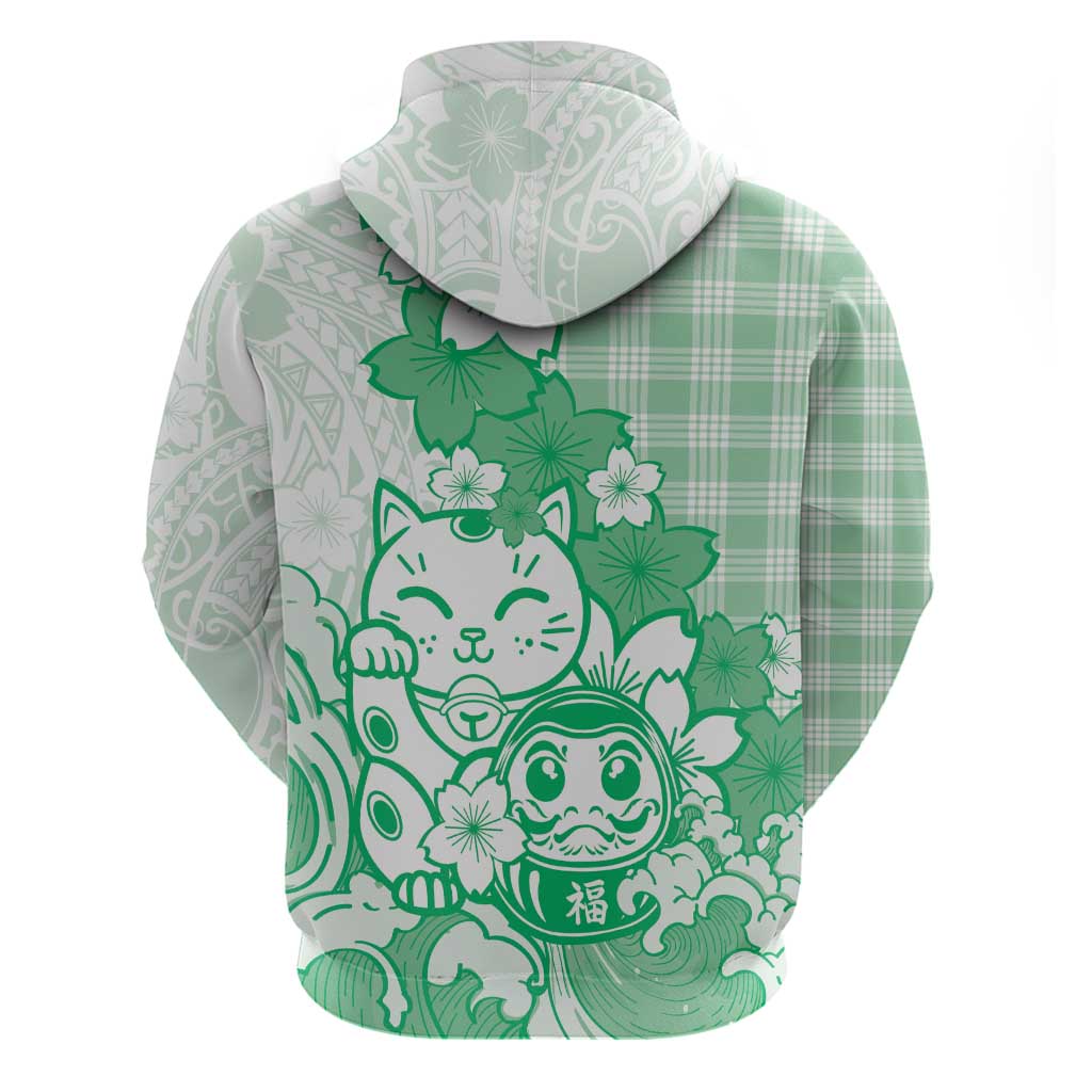 Green Palaka Hawaiian And Japanese Zip Hoodie Maneki Neko And Sakura Bloom
