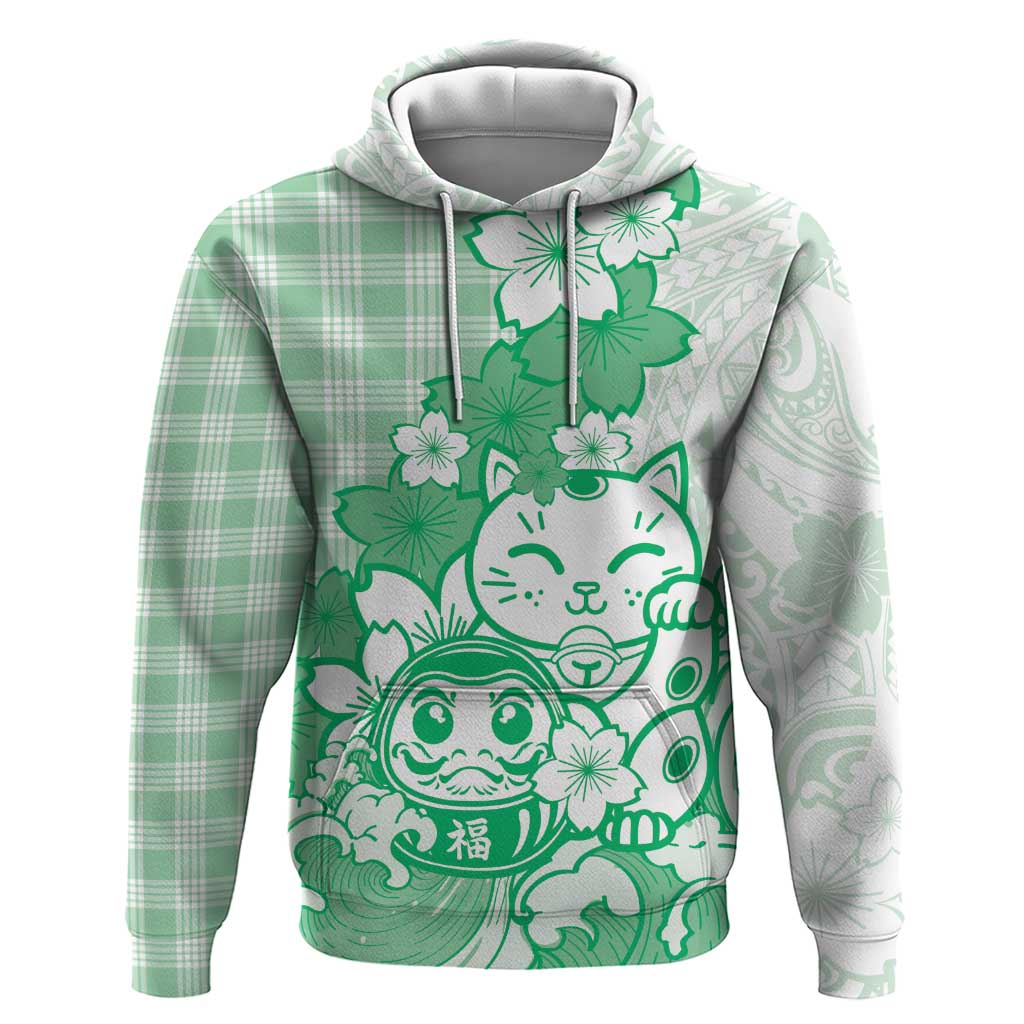 Green Palaka Hawaiian And Japanese Zip Hoodie Maneki Neko And Sakura Bloom