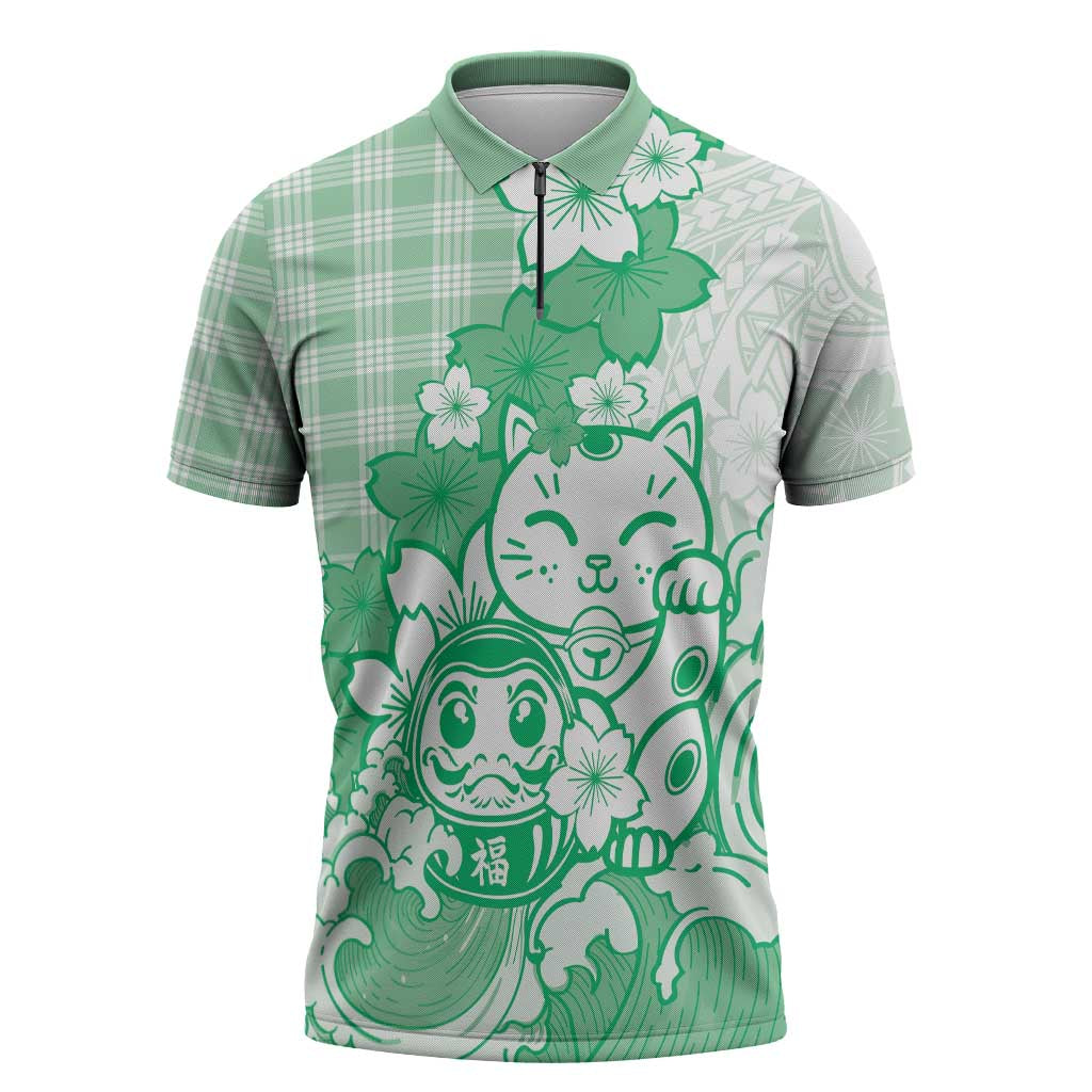 Green Palaka Hawaiian And Japanese Zipper Polo Shirt Maneki Neko And Sakura Bloom