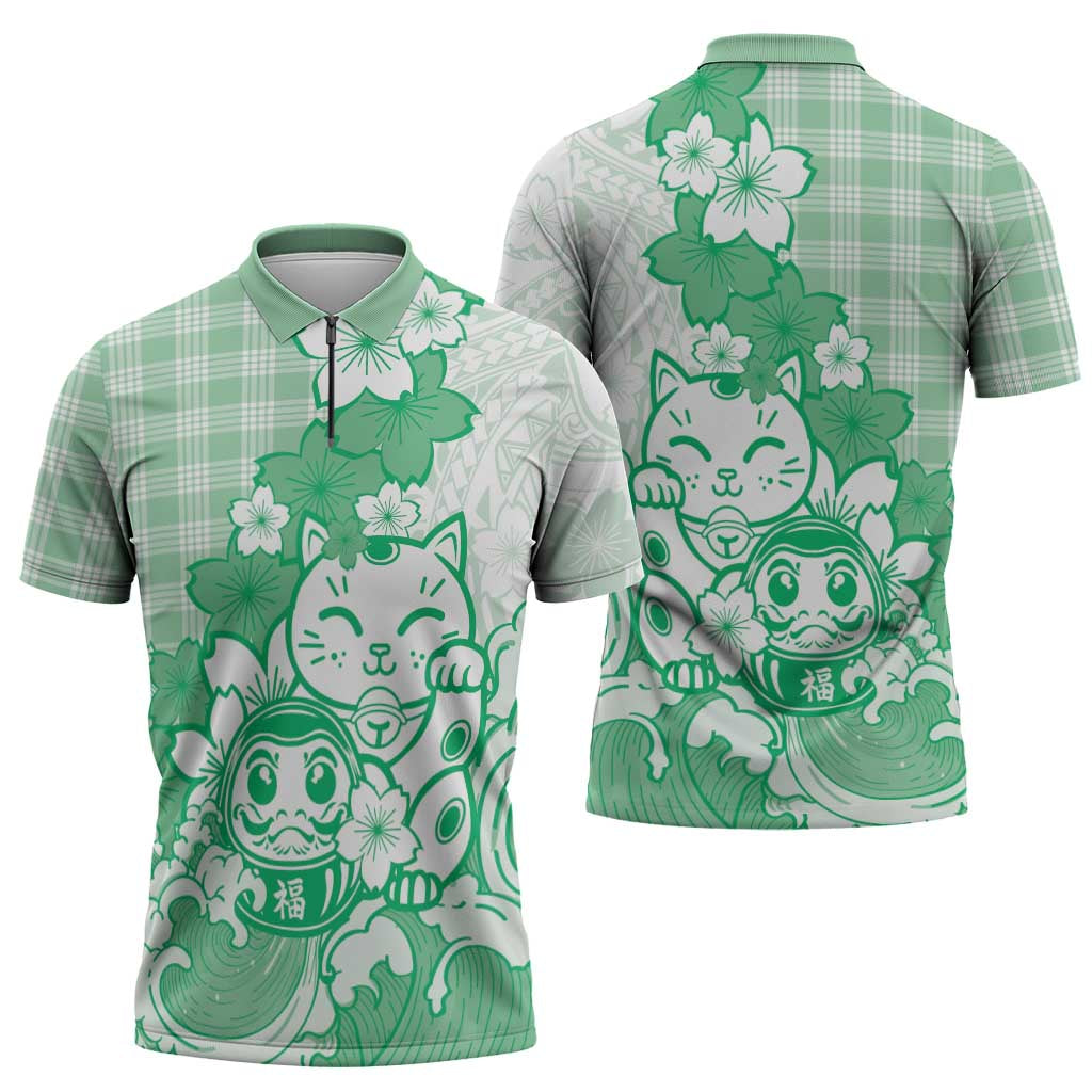 Green Palaka Hawaiian And Japanese Zipper Polo Shirt Maneki Neko And Sakura Bloom