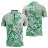 Green Palaka Hawaiian And Japanese Zipper Polo Shirt Maneki Neko And Sakura Bloom