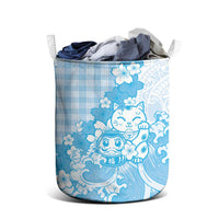 Blue Palaka Hawaiian And Japanese Laundry Basket Maneki Neko And Sakura Bloom