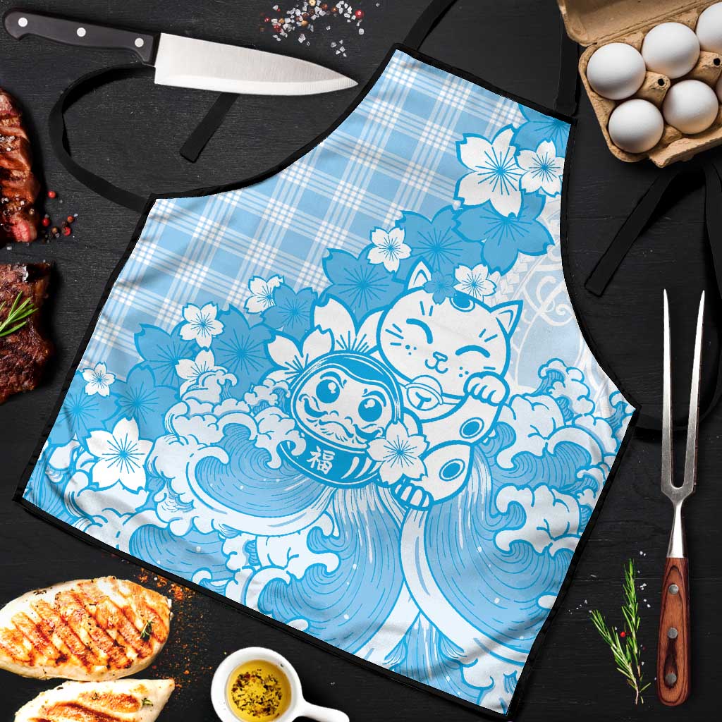 Blue Palaka Hawaiian And Japanese Apron Maneki Neko And Sakura Bloom