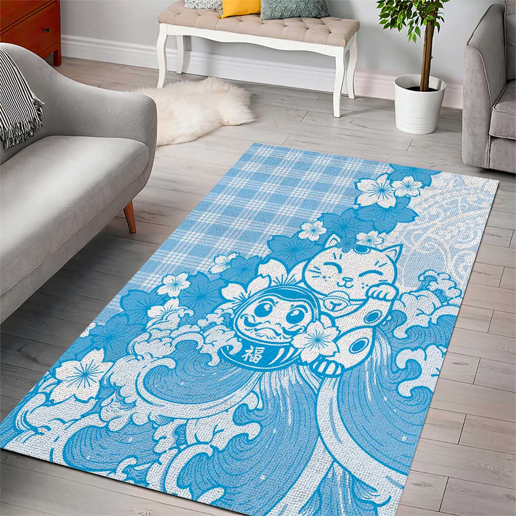 Blue Palaka Hawaiian And Japanese Area Rug Maneki Neko And Sakura Bloom