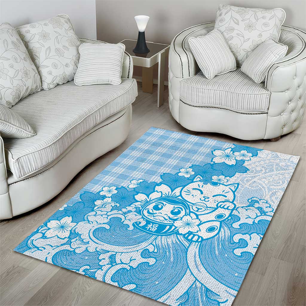 Blue Palaka Hawaiian And Japanese Area Rug Maneki Neko And Sakura Bloom