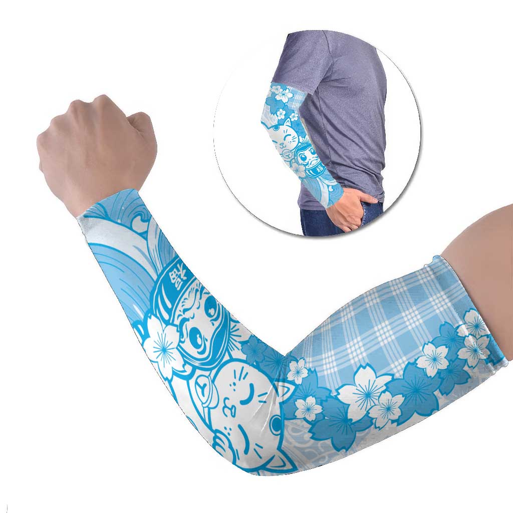 Blue Palaka Hawaiian And Japanese Arm Sleeves Maneki Neko And Sakura Bloom