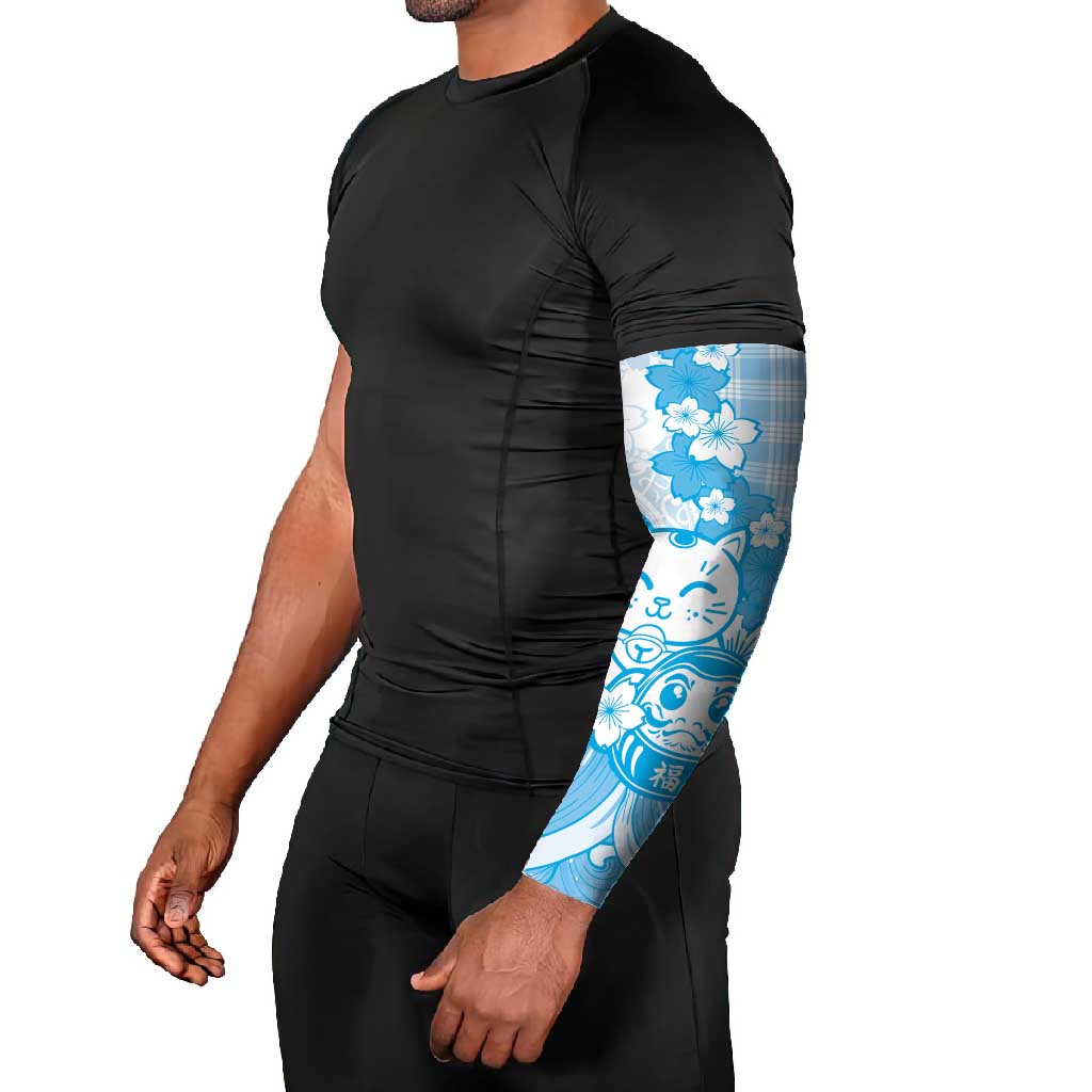 Blue Palaka Hawaiian And Japanese Arm Sleeves Maneki Neko And Sakura Bloom