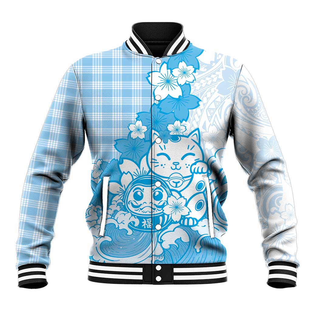 Blue Palaka Hawaiian And Japanese Baseball Jacket Maneki Neko And Sakura Bloom