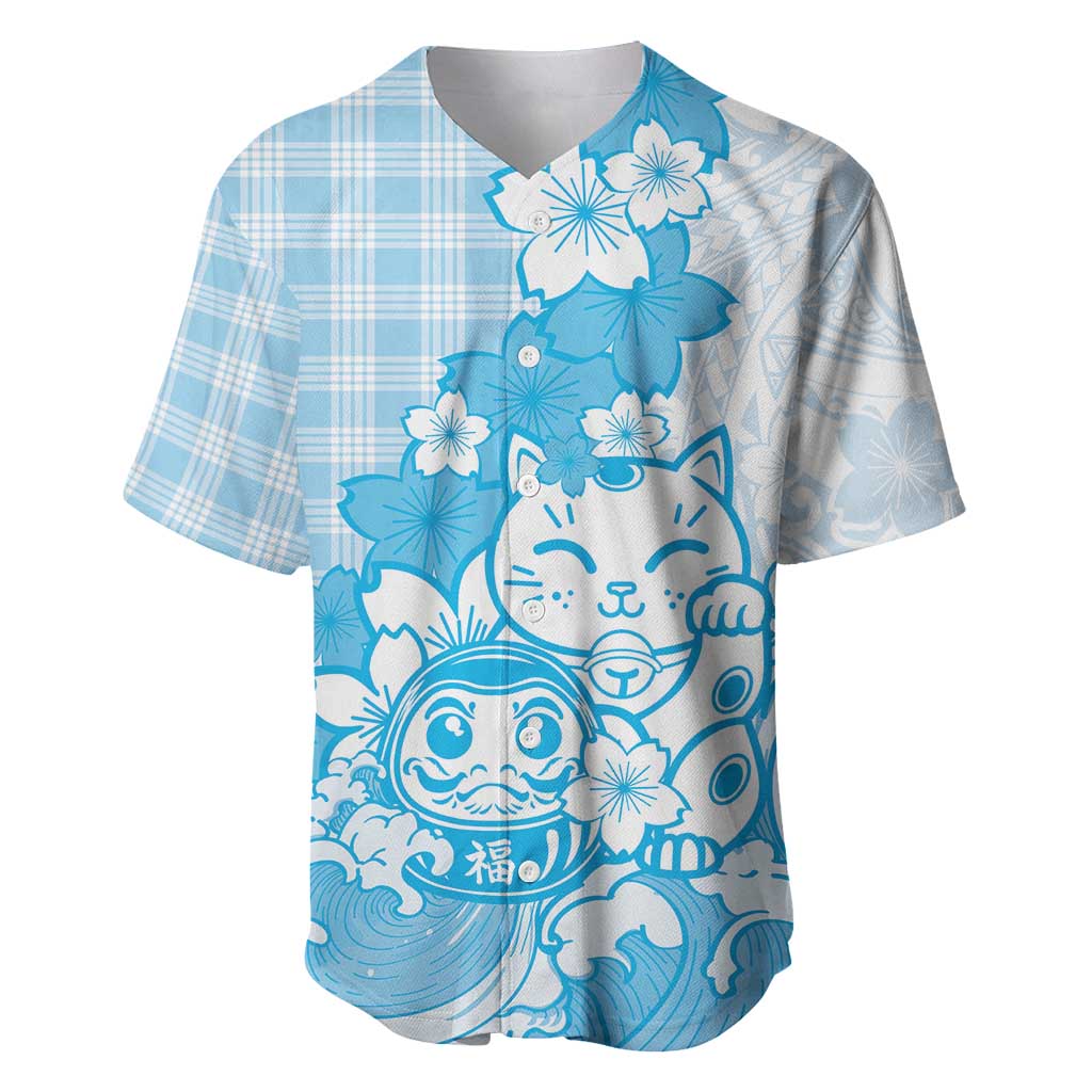 Blue Palaka Hawaiian And Japanese Baseball Jersey Maneki Neko And Sakura Bloom
