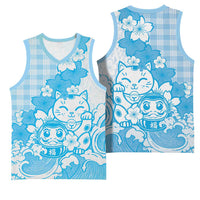 Blue Palaka Hawaiian And Japanese Basketball Jersey Maneki Neko And Sakura Bloom