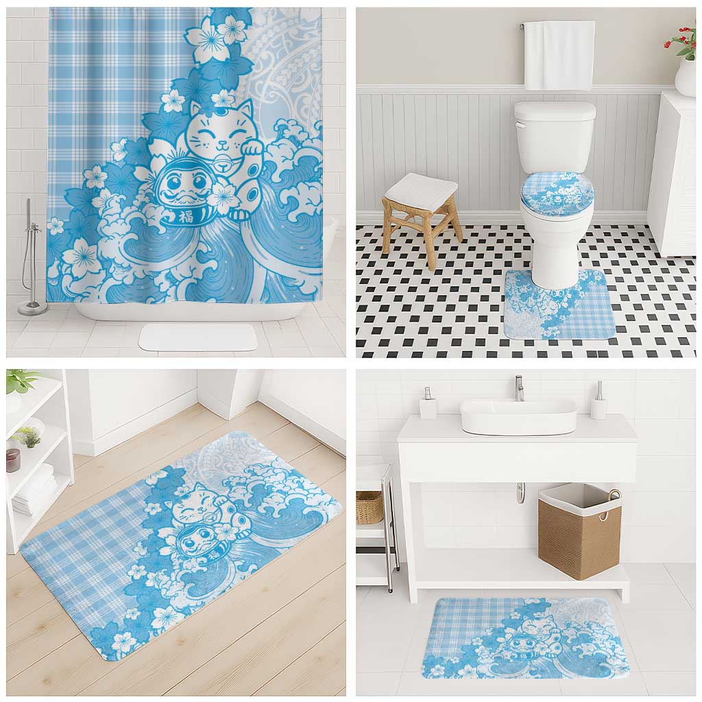 Blue Palaka Hawaiian And Japanese Bathroom Set Maneki Neko And Sakura Bloom