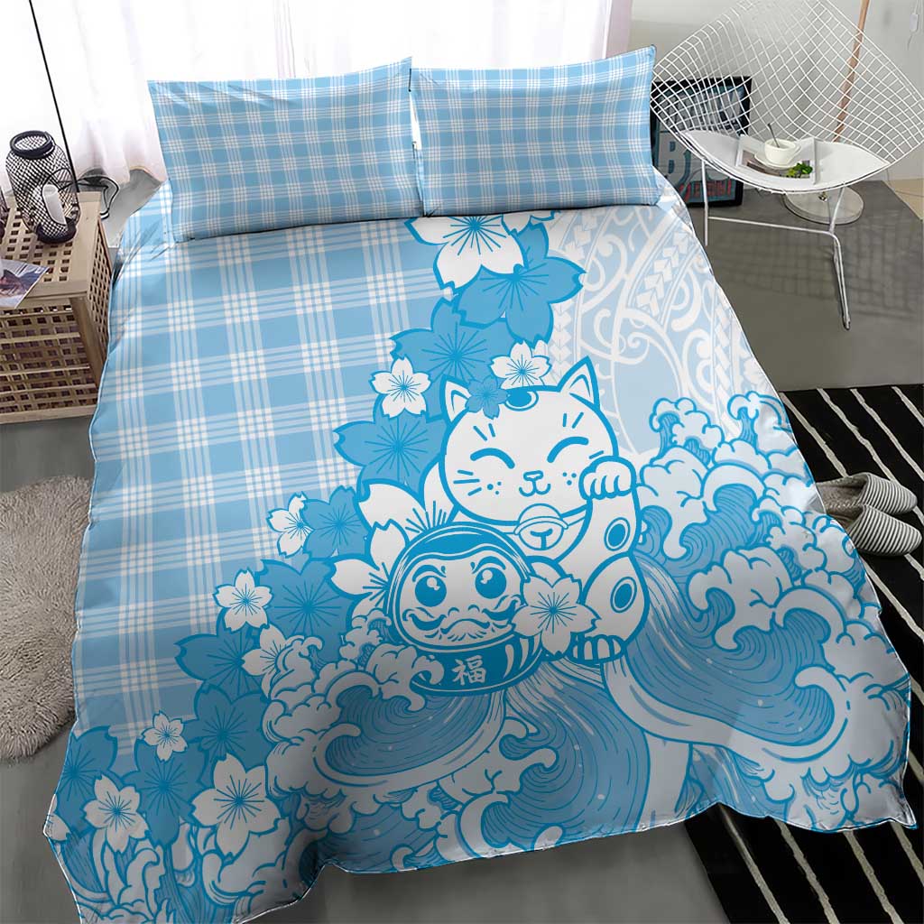 Blue Palaka Hawaiian And Japanese Bedding Set Maneki Neko And Sakura Bloom
