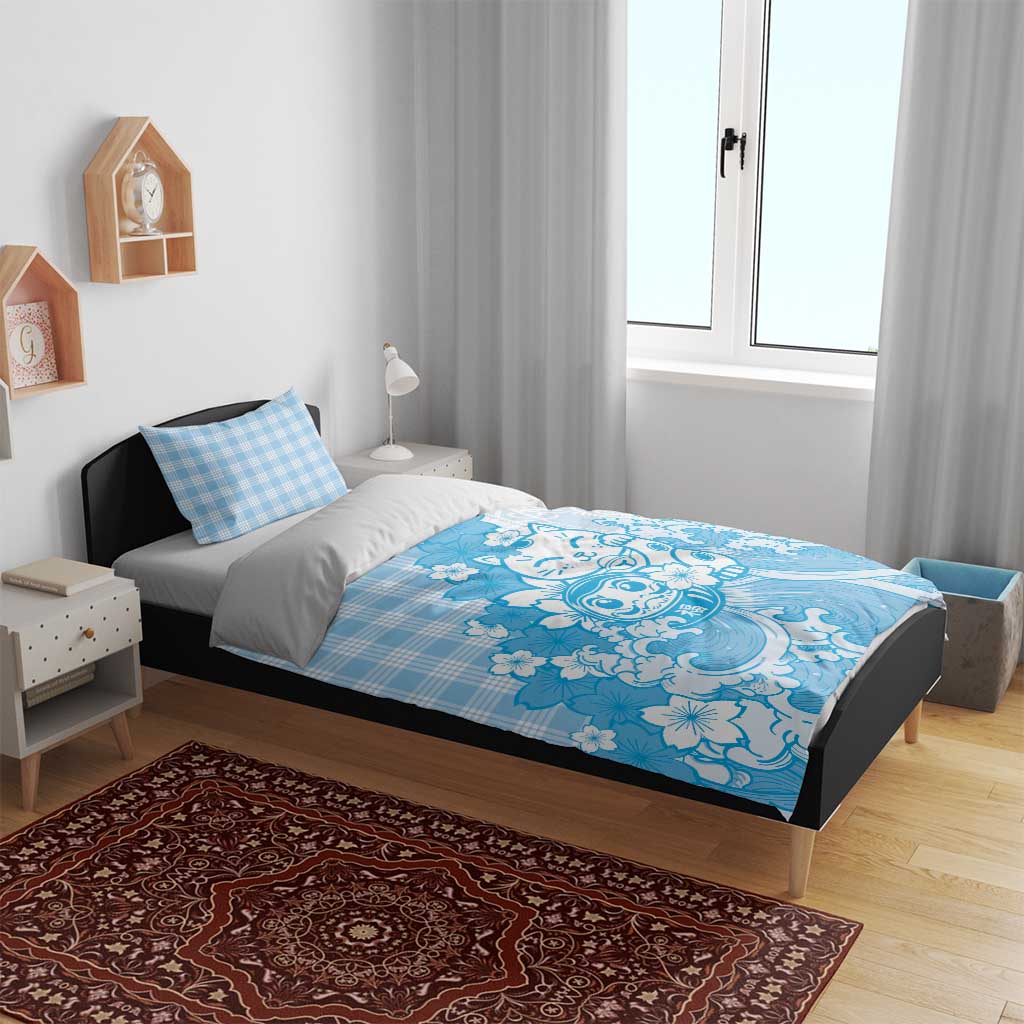 Blue Palaka Hawaiian And Japanese Bedding Set Maneki Neko And Sakura Bloom