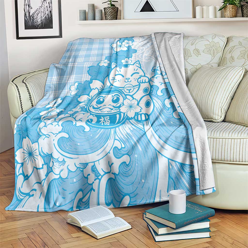 Blue Palaka Hawaiian And Japanese Blanket Maneki Neko And Sakura Bloom